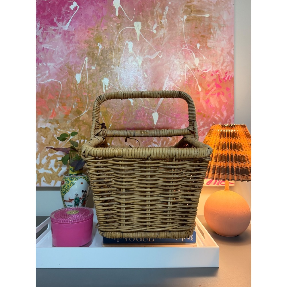 Handmade Wicker magazine Basket Tan Vintage Rustic Woven Rattan Storage Caddy